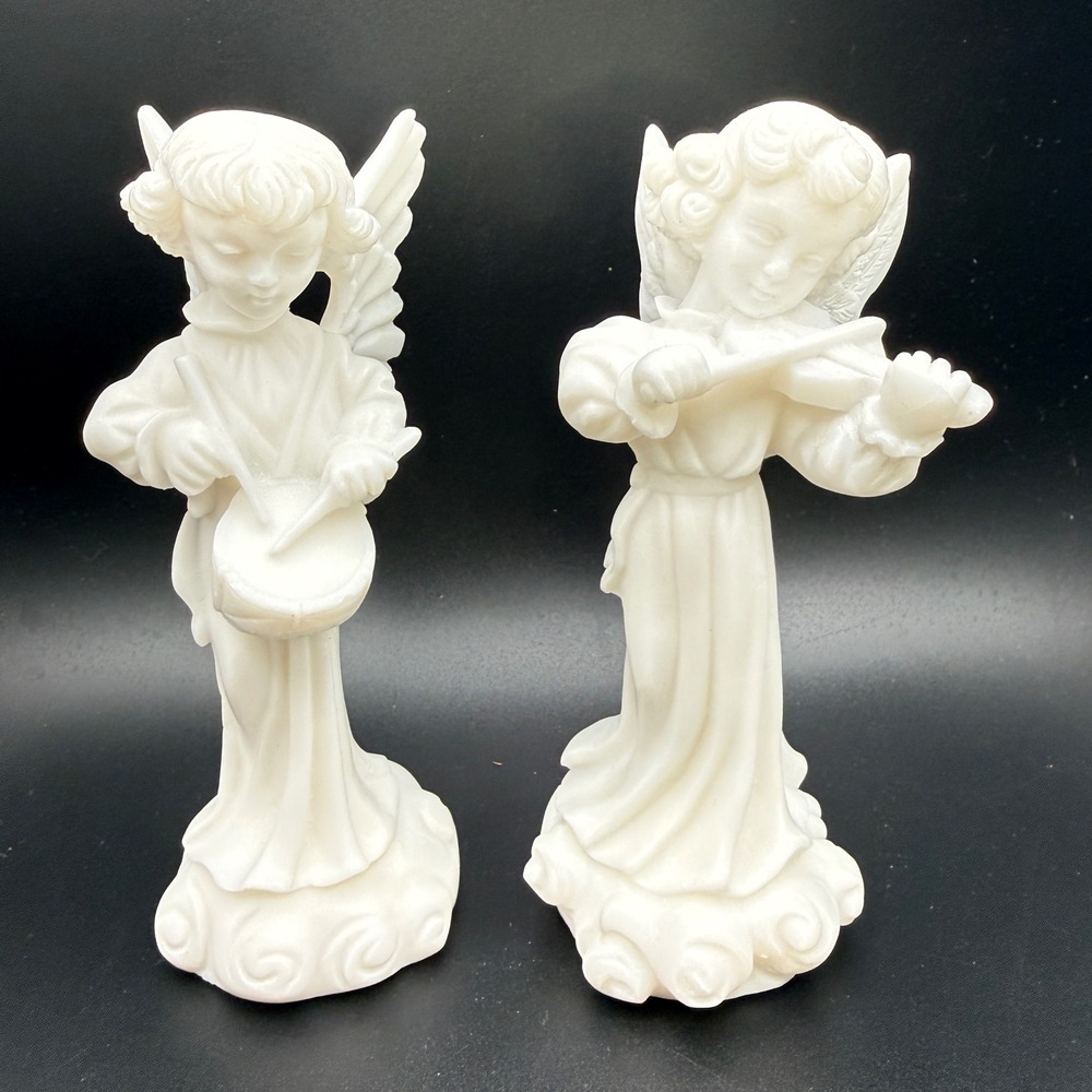 Vintage Italian White Bisque Angel Cherub Figurine Set Violin Drum Made Italy